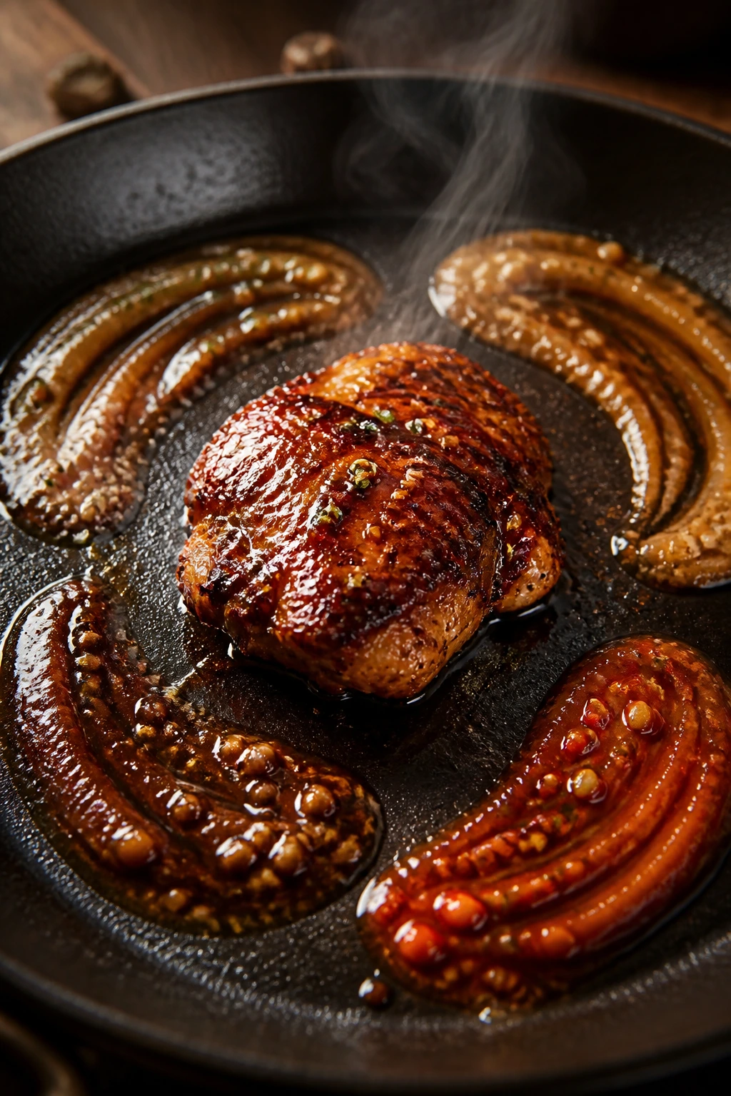Close-up of honey garlic chicken with four glaze swirls symbolizing variations