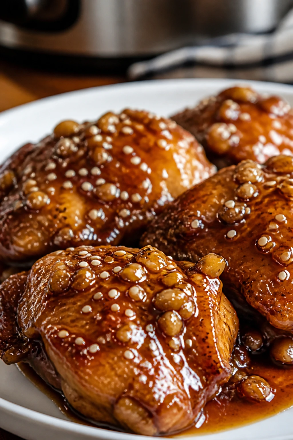 Honey garlic chicken in glossy glaze on plate