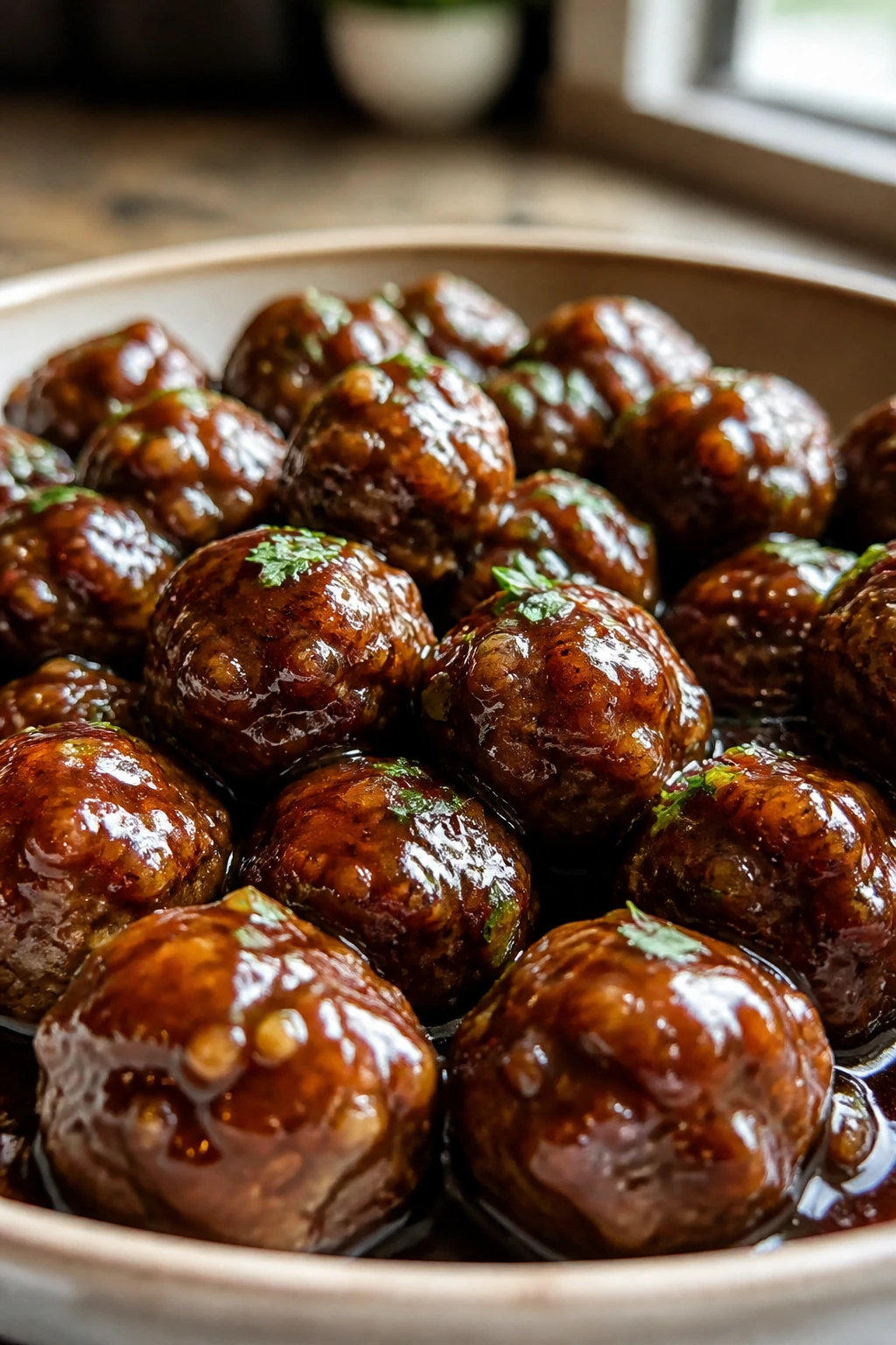Glossy honey garlic meatballs in a dish on a warm kitchen counter