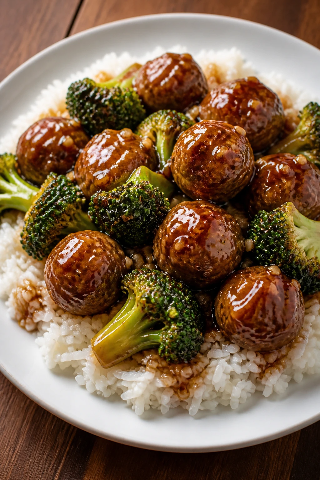 Close-up of glossy honey garlic meatballs with broccoli over rice