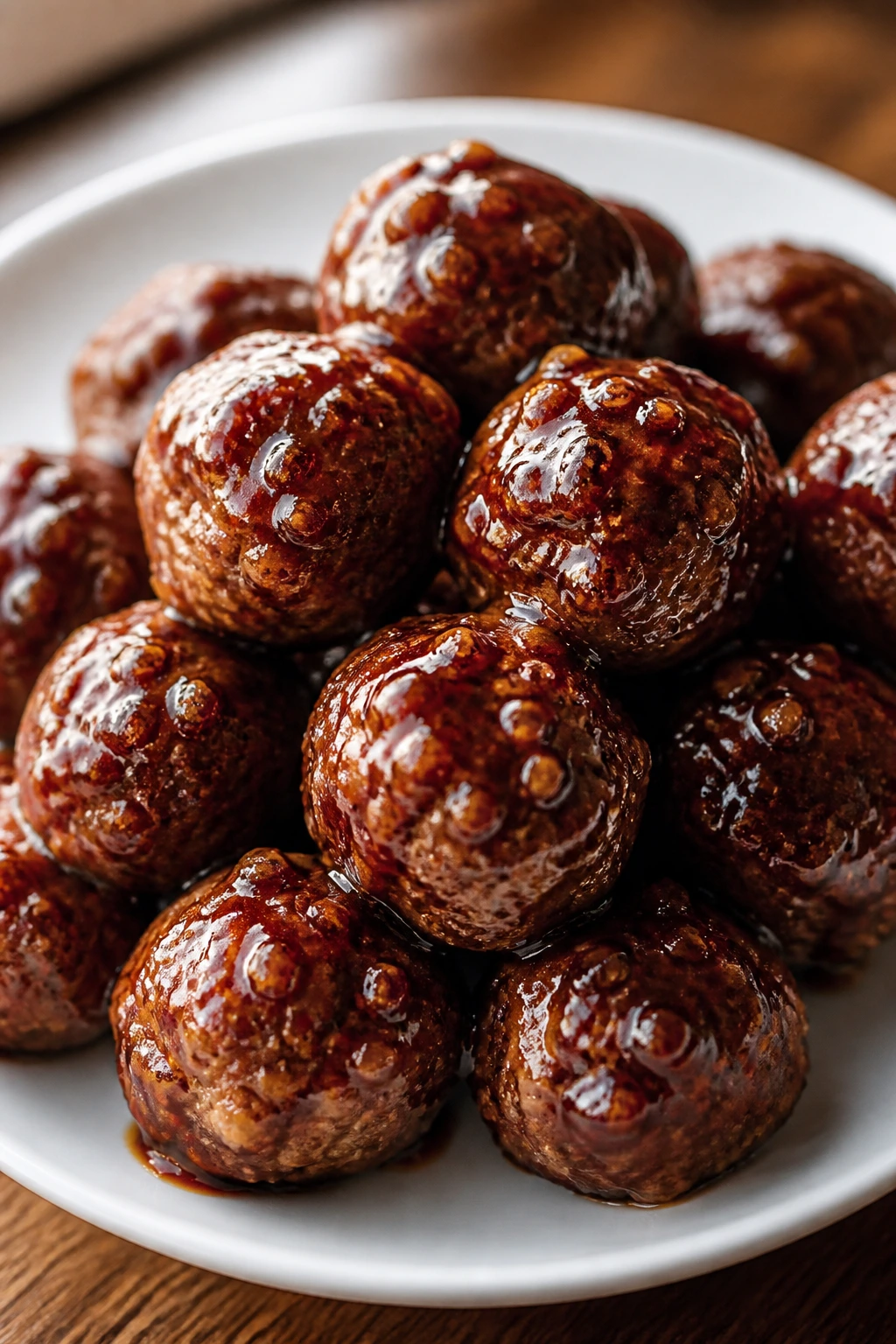 Glossy honey garlic meatballs on a plate with glaze