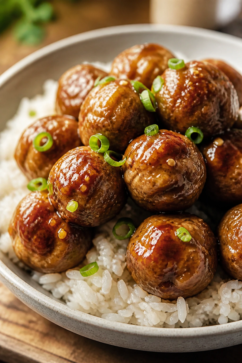 Glazed meatballs over rice in a bowl