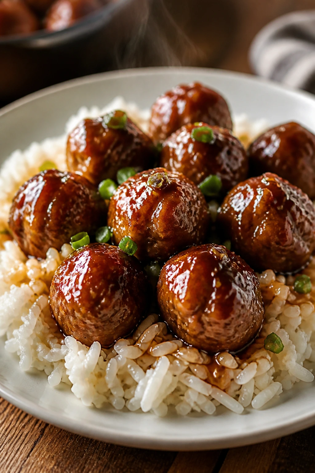 Glossy honey garlic meatballs on rice