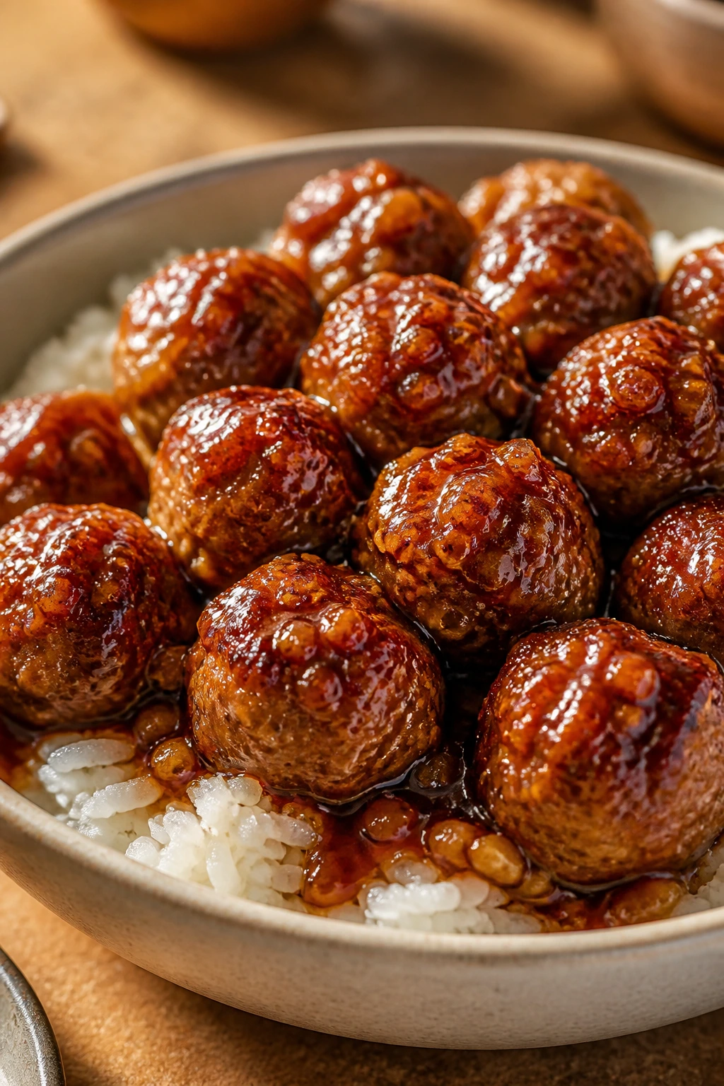 Glazed honey garlic meatballs over rice in a bowl