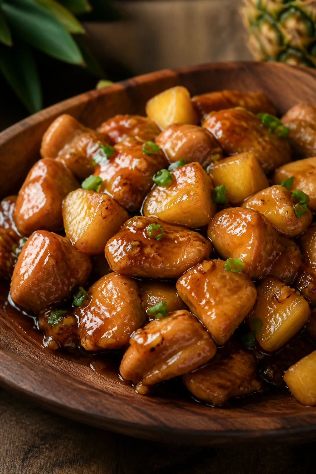 Close-up of honey-garlic pineapple chicken in glossy sauce.