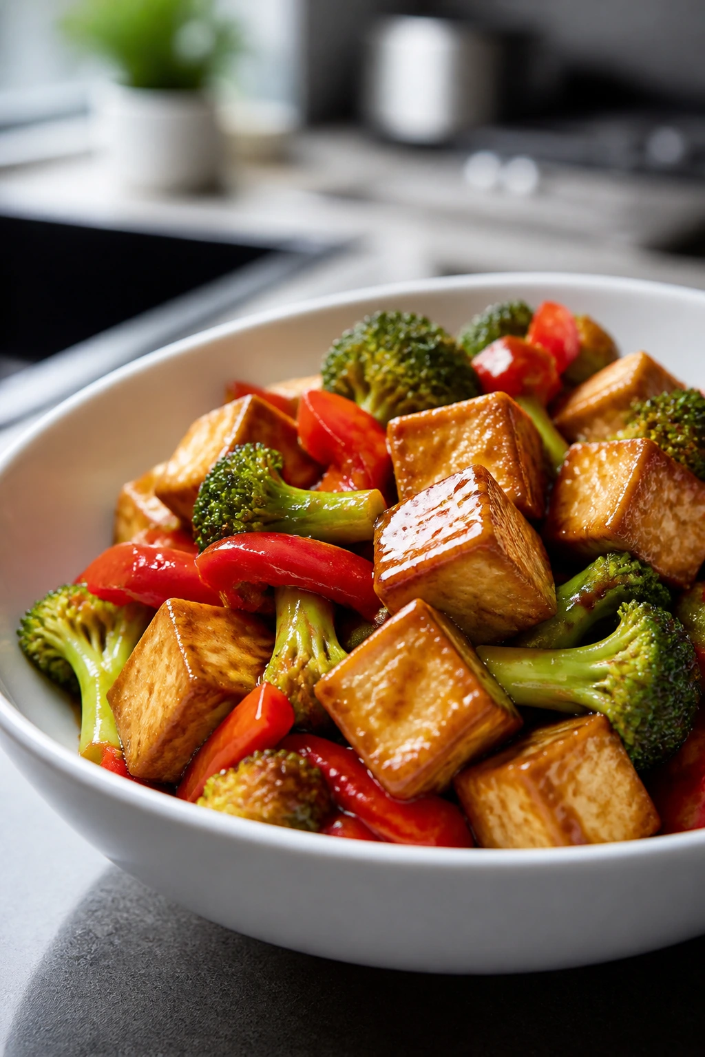 Tofu stir-fry with broccoli and peppers in glossy sauce