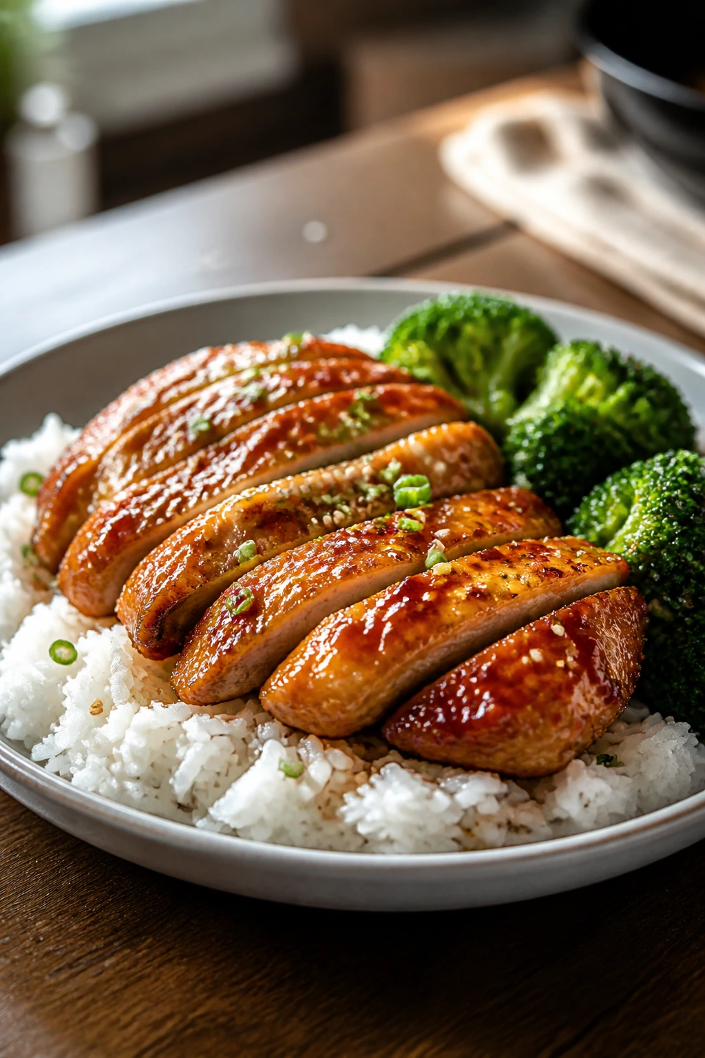 Close-up of honey-glazed chicken over jasmine rice with broccoli and sesame on a warm kitchen table