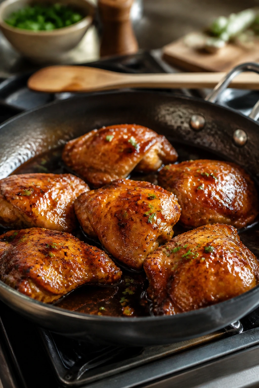 Honey glazed chicken in skillet with glossy sauce and browning edges