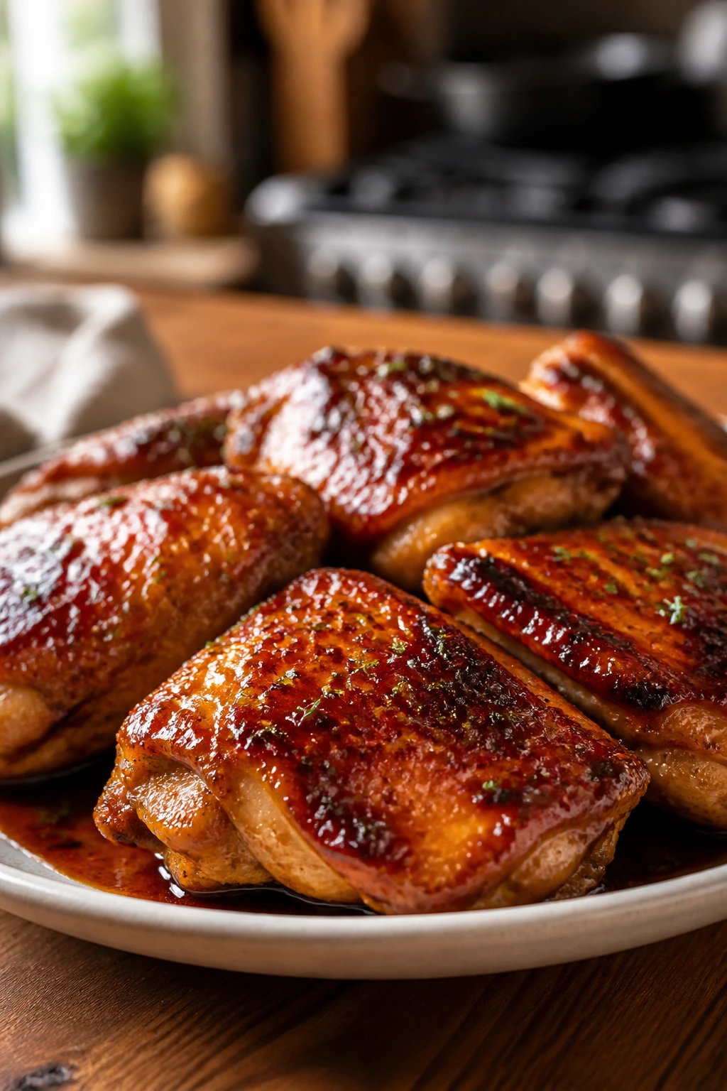 Close-up of glossy honey glazed chicken thighs on a wooden board, weeknight dinner