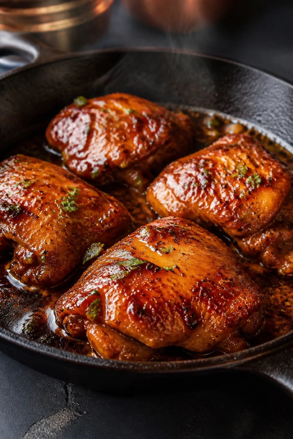 Close-up of glossy honey-glazed chicken thighs in a skillet