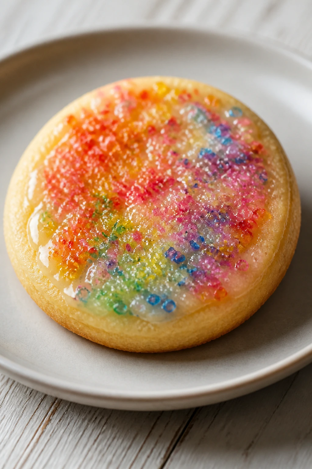 Close-up of honey-glazed rainbow sugar cookie with glossy finish