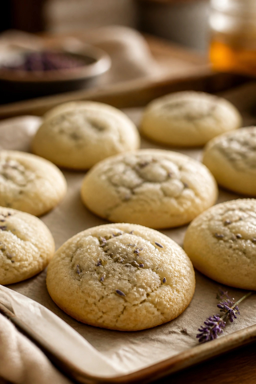 Close-up of honey lavender drop cookies on parchment tray
