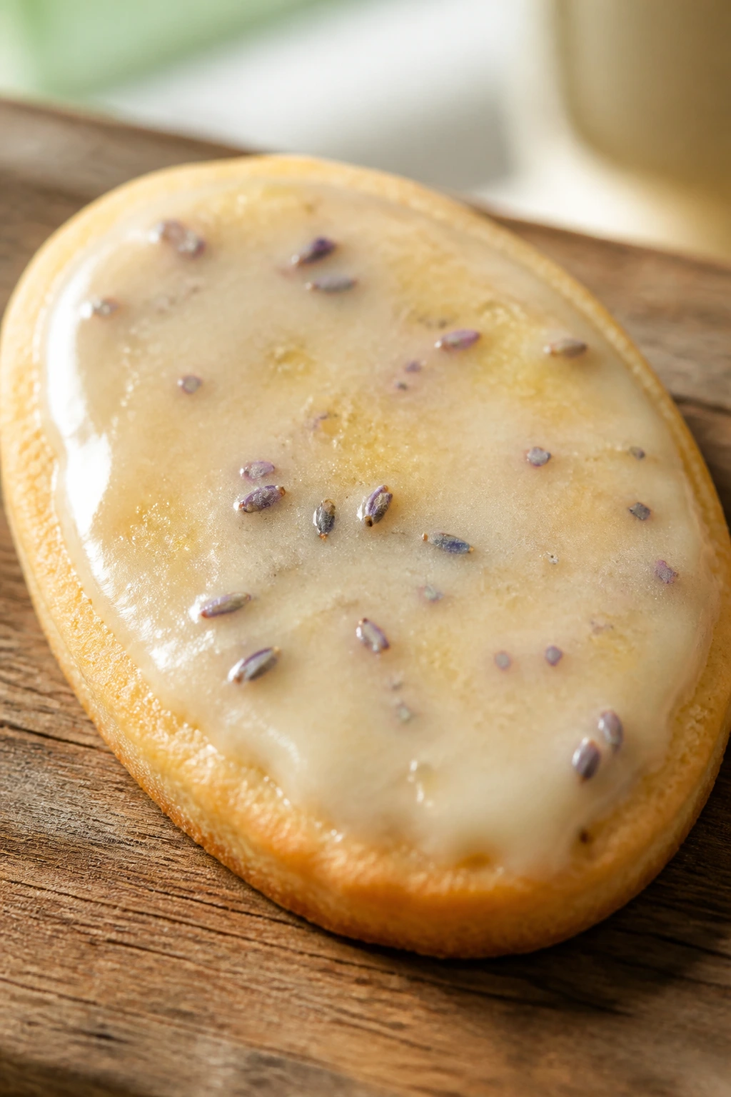 Close-up of a honey-glazed oval cookie with lavender flecks on a rustic wooden board