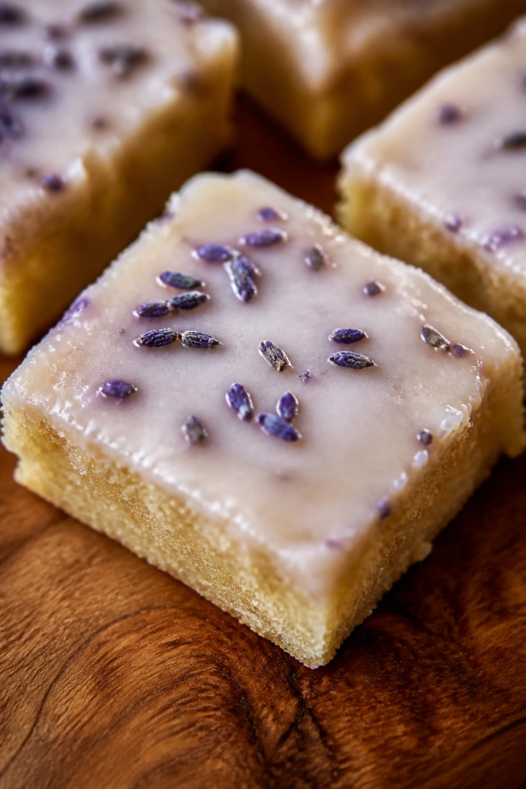 Close-up of Honey Lavender Shortbread Bars with glaze and lavender specks on a wooden board