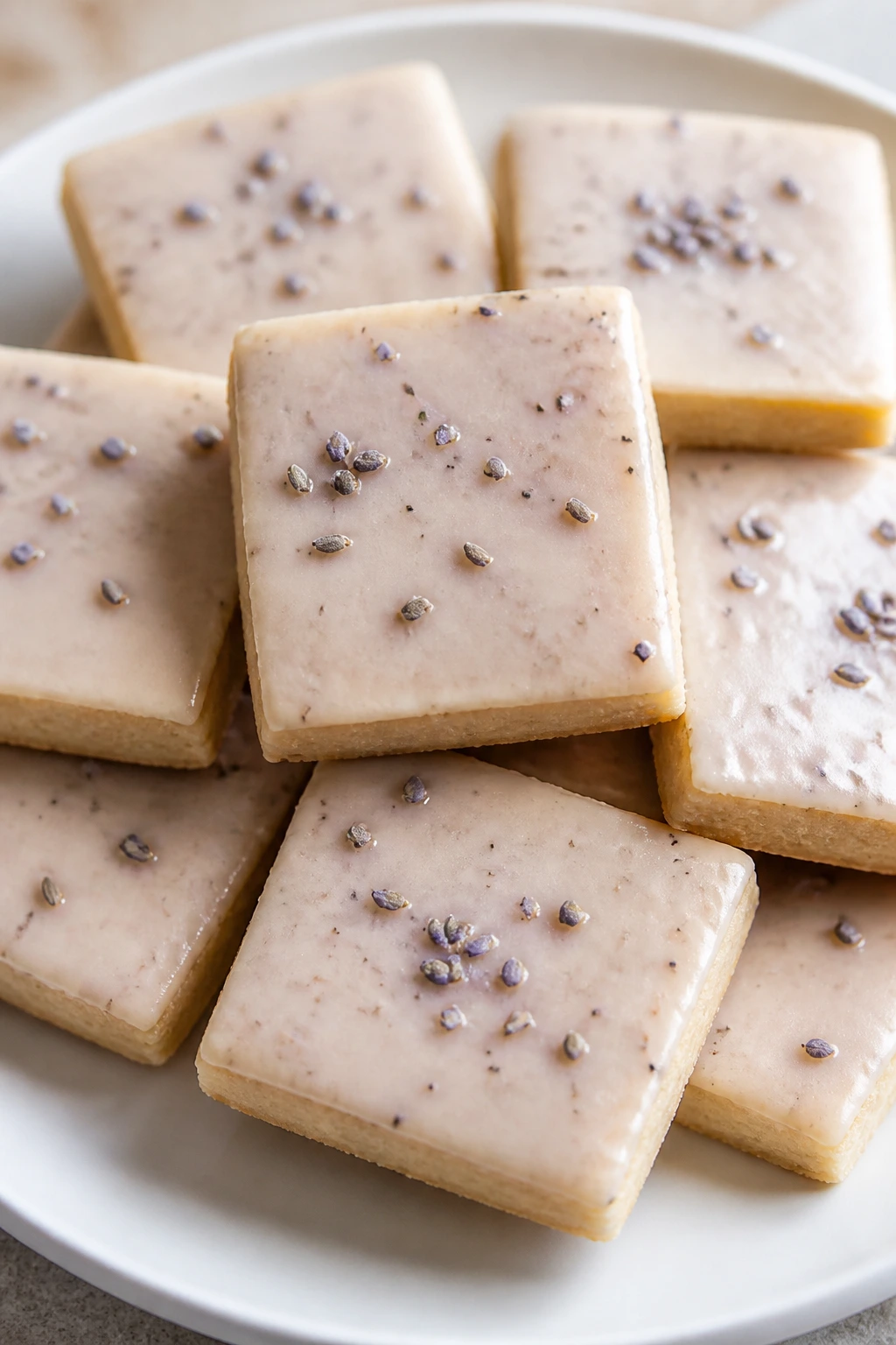 Close-up of honey lavender square cookies with lavender specks on plate