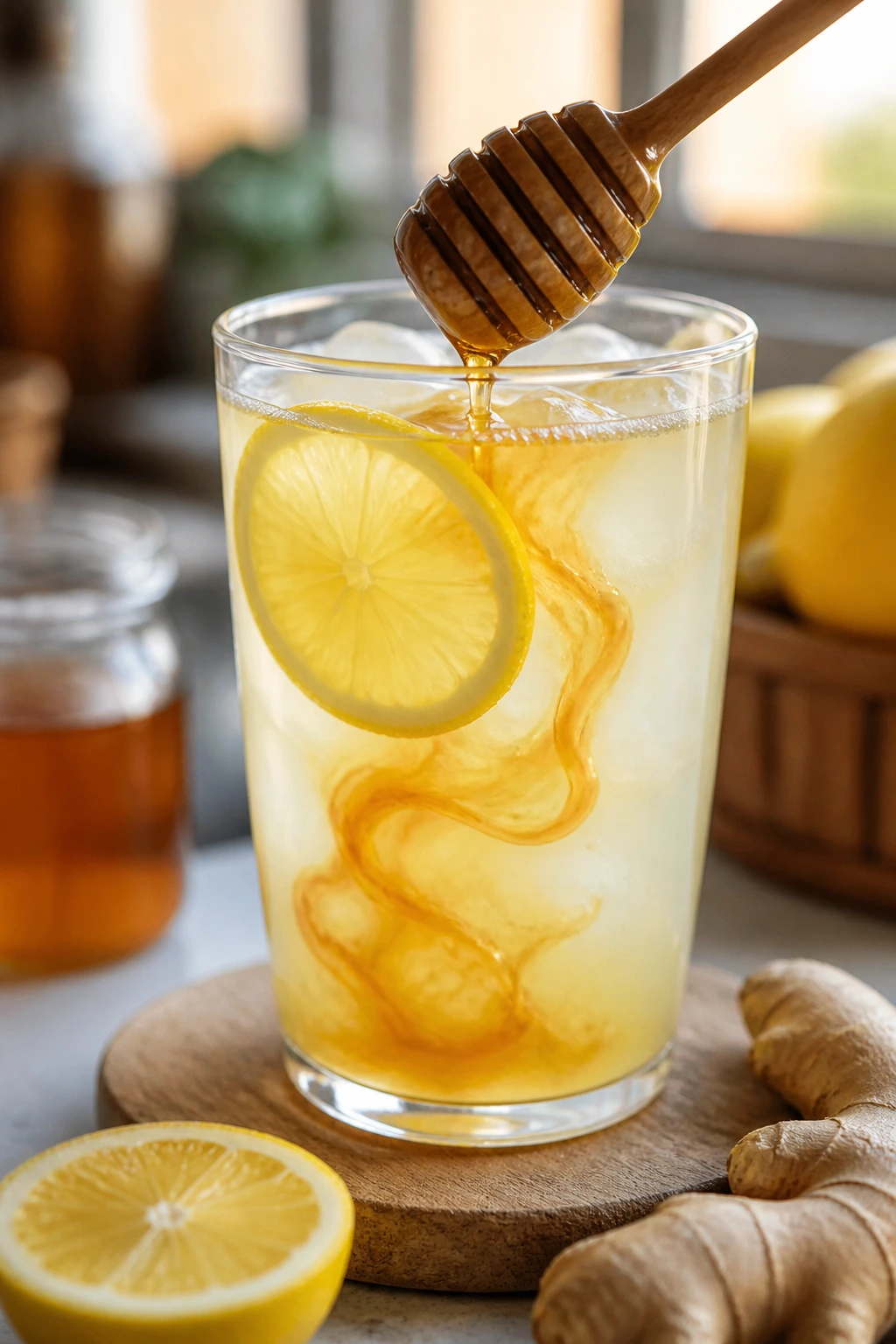 Lemonade glass with honey swirl in cozy kitchen