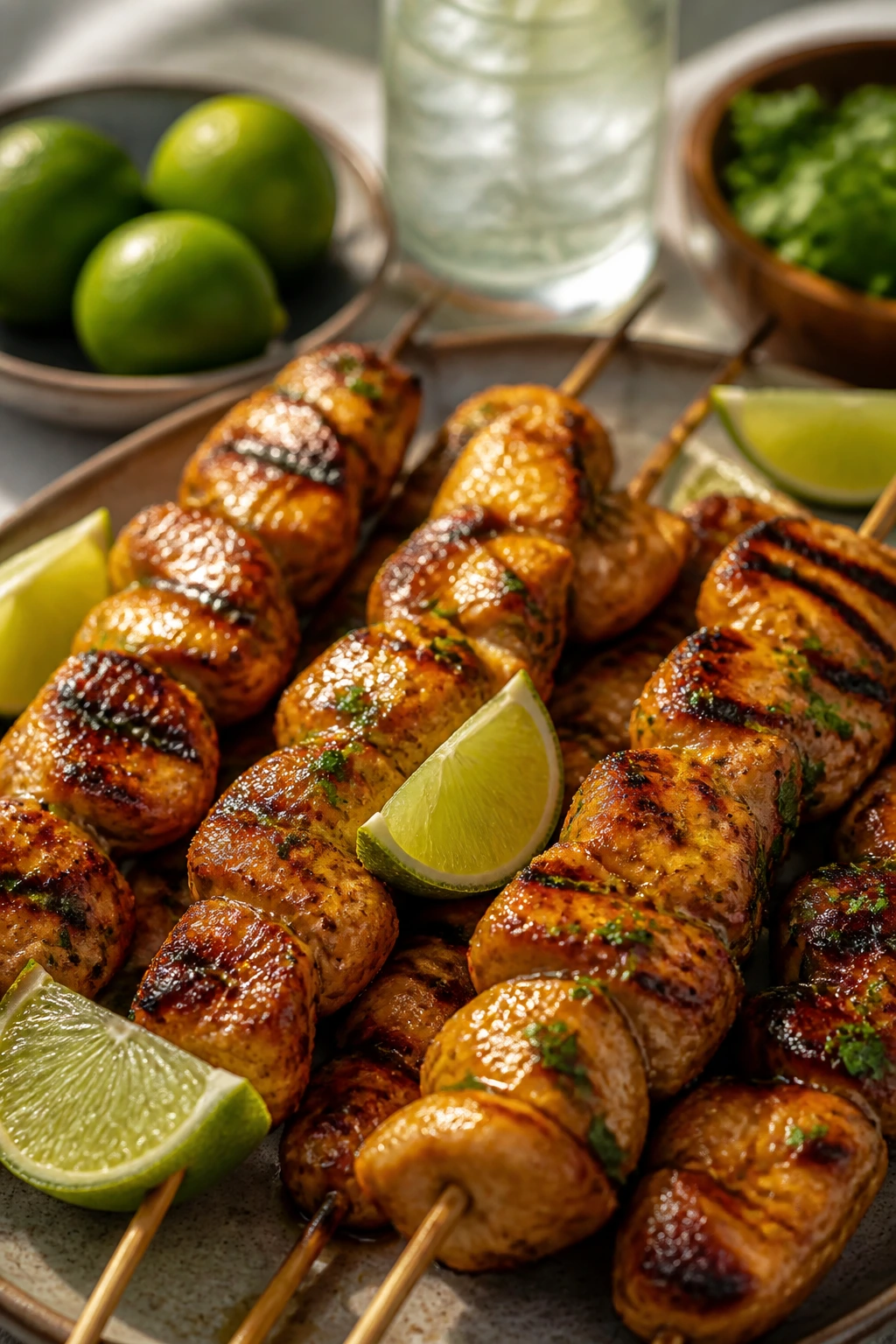 Honey-lime glazed chicken skewers on a grill
