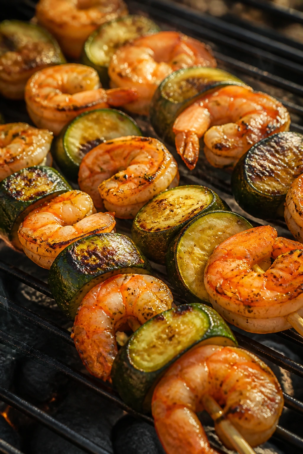 Close-up of honey-lime shrimp and zucchini skewers on a grill