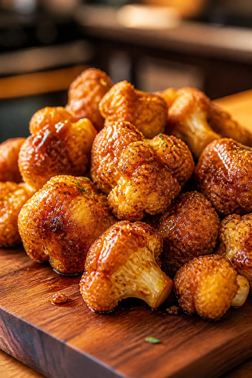 Close-up of honey mustard cauliflower wings with glossy glaze on wooden board