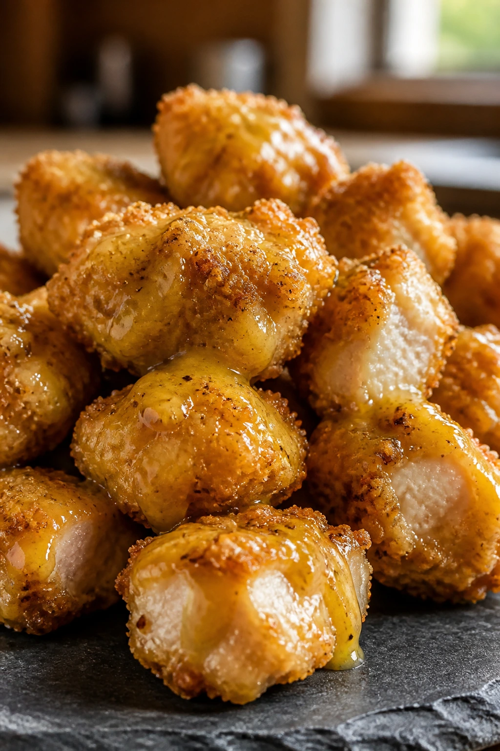 Close-up of honey mustard glazed chicken bites on a dark plate in a warm kitchen