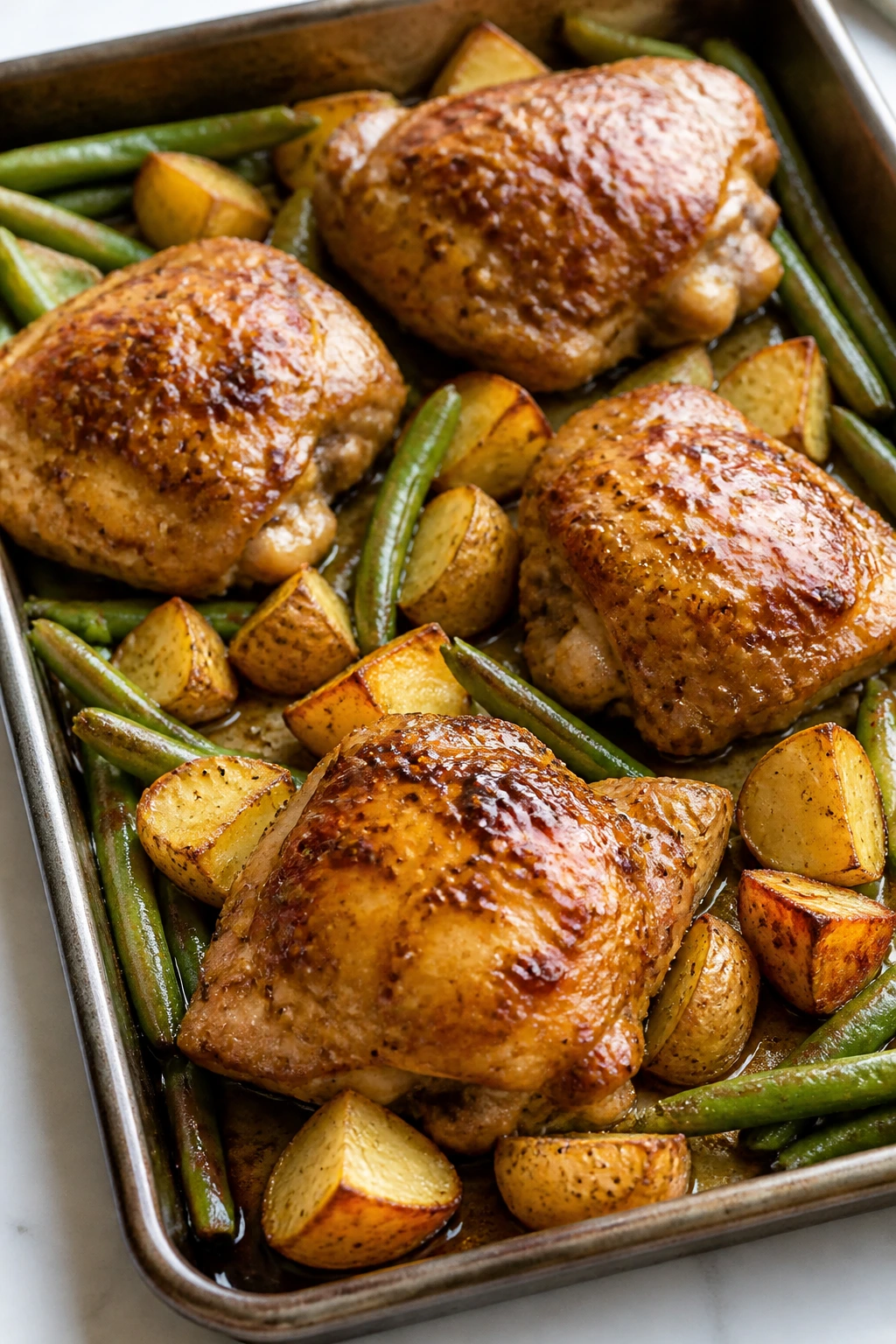 Honey mustard chicken and roasted potatoes on a sheet pan