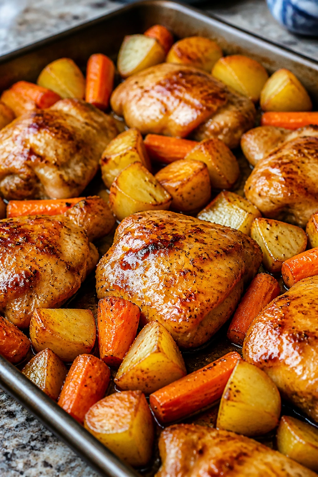 Close-up of honey mustard chicken with potatoes and carrots on a sheet pan