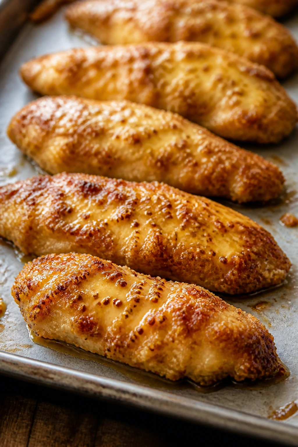 Crispy honey mustard chicken tenders on a baking sheet