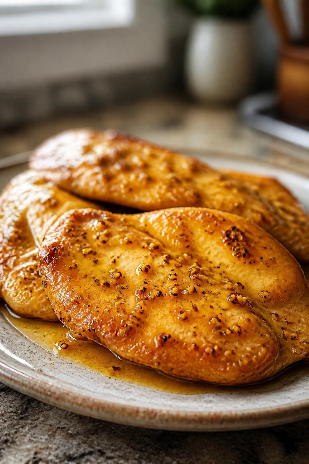 Close-up of glossy honey mustard chicken cutlets on a rustic plate