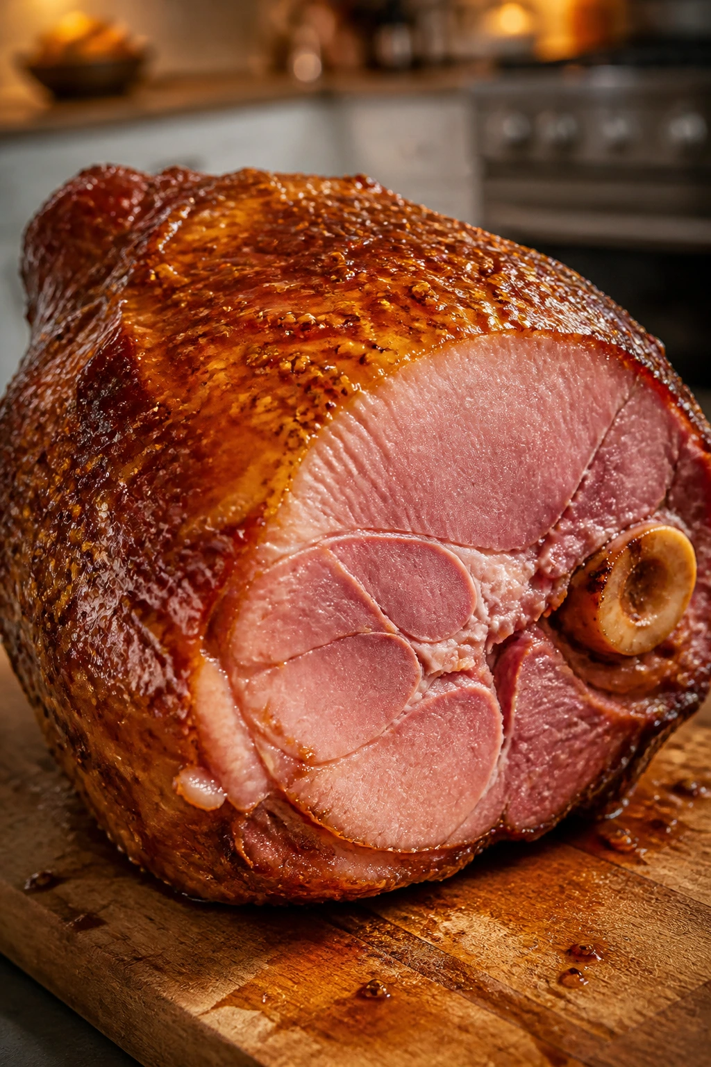 Close-up of a bone-in honey mustard bourbon glazed ham on a wooden board