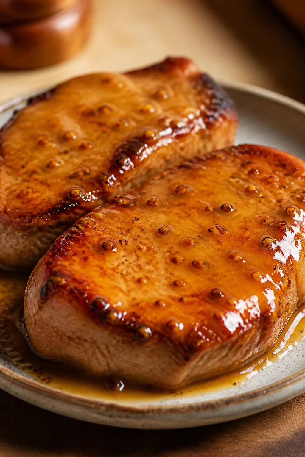 Pork chops with honey mustard glaze on a rustic plate