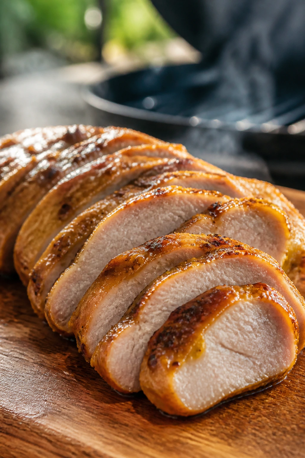 Sliced honey-mustard pork tenderloin on cutting board outdoors
