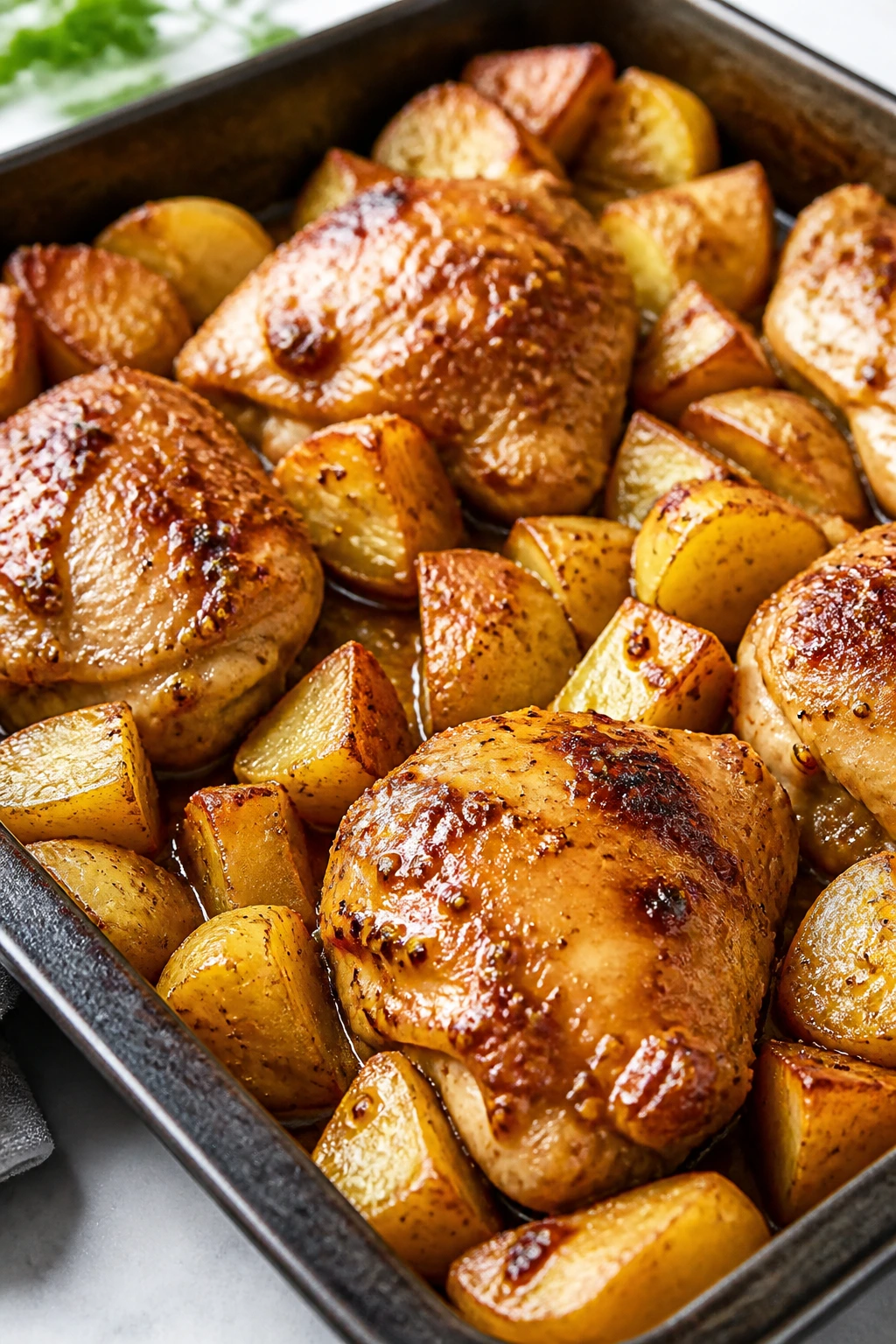 Close-up of honey mustard chicken and potato traybake
