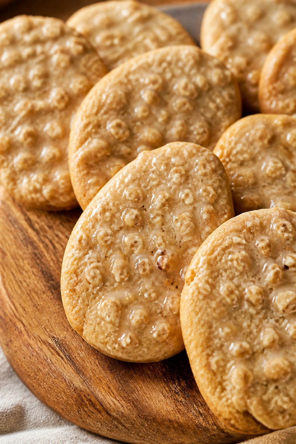 Close-up of honey-oat Easter egg cookies with visible oats on a wooden board