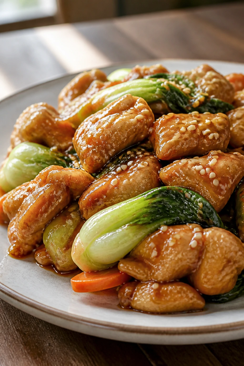 Close-up of honey sesame chicken with bok choy on a plate