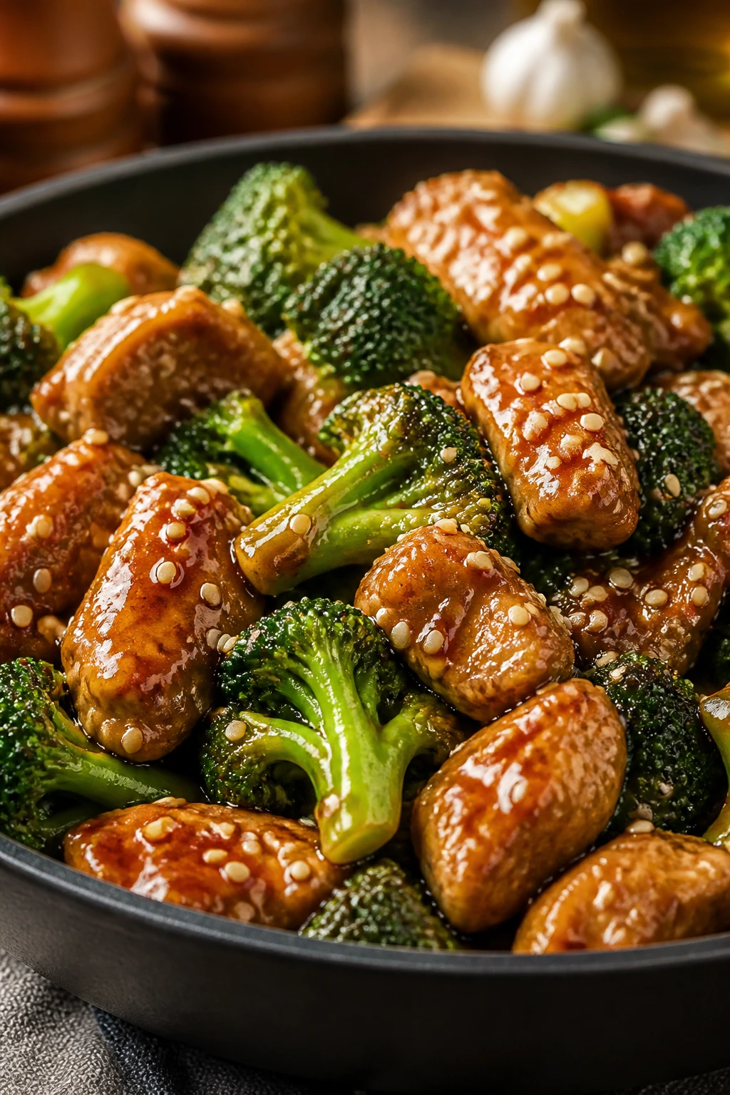Close-up of honey sesame chicken with broccoli and sesame seeds