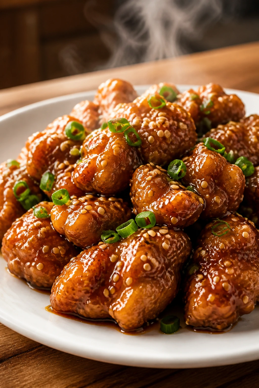 Glossy honey sesame chicken on a plate steaming hot