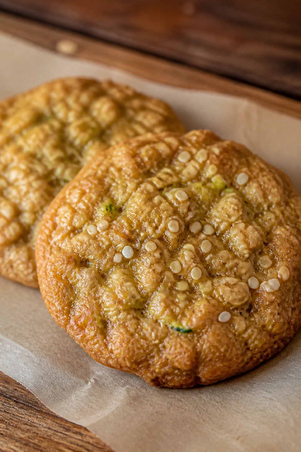 Close-up of honey-sesame zucchini oatmeal cookies on parchment