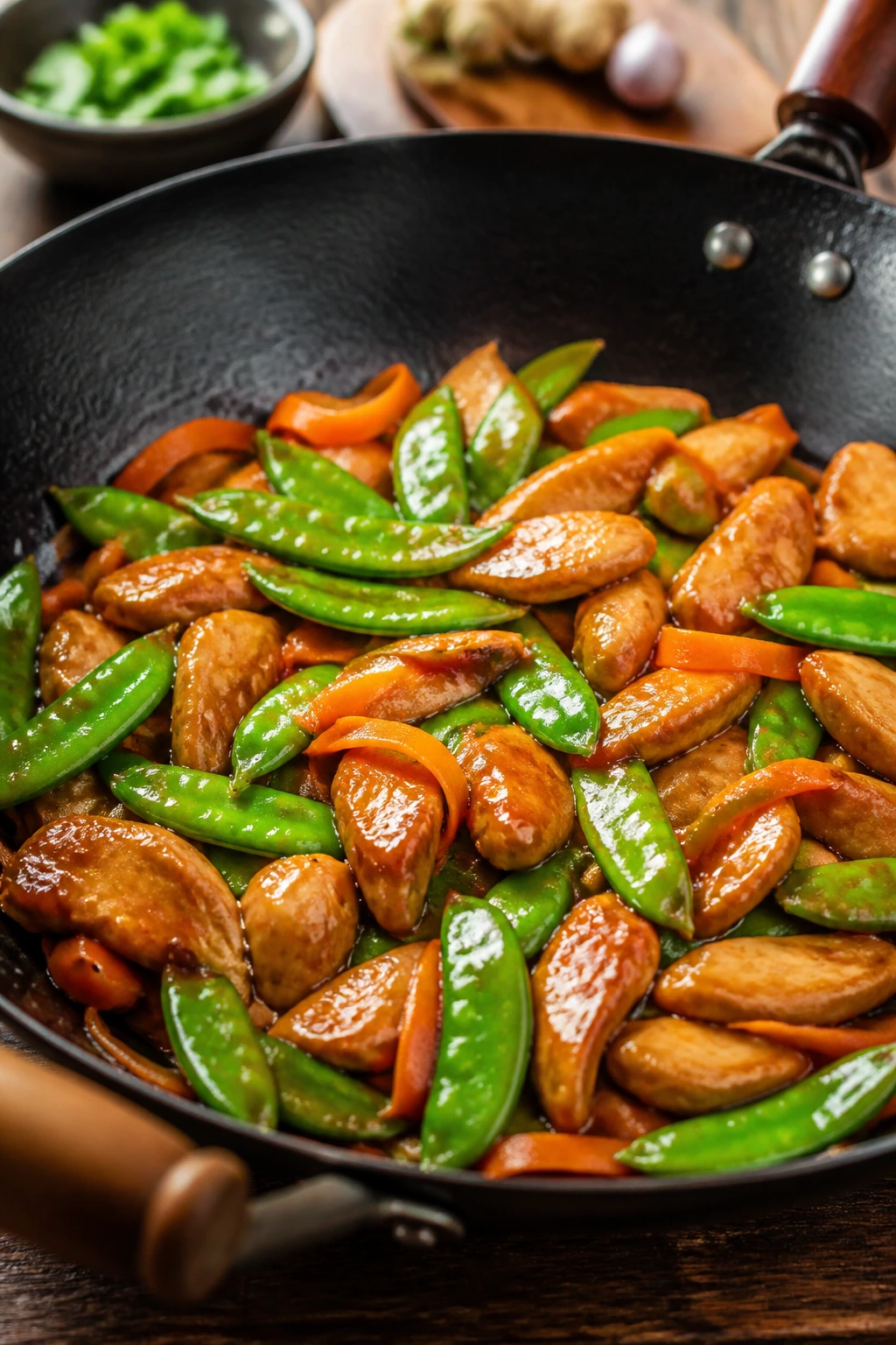 Close-up of glossy honey-soy chicken with snow peas and carrots in a wok