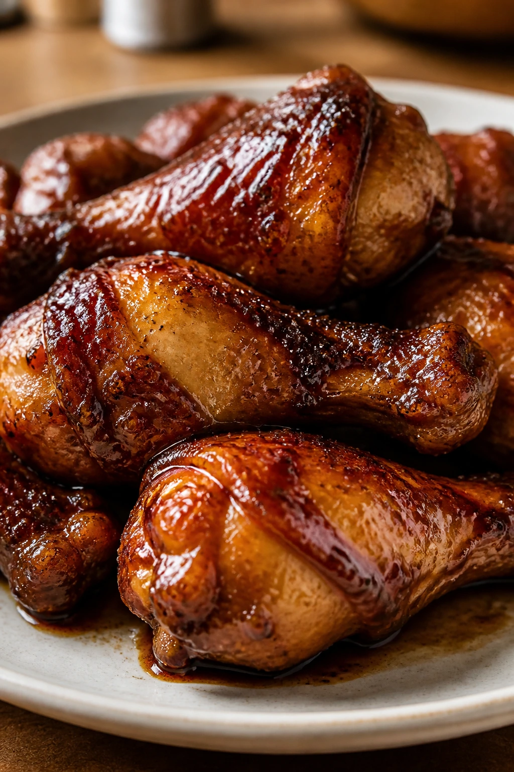 Close-up of honey-soy glazed chicken drumsticks.