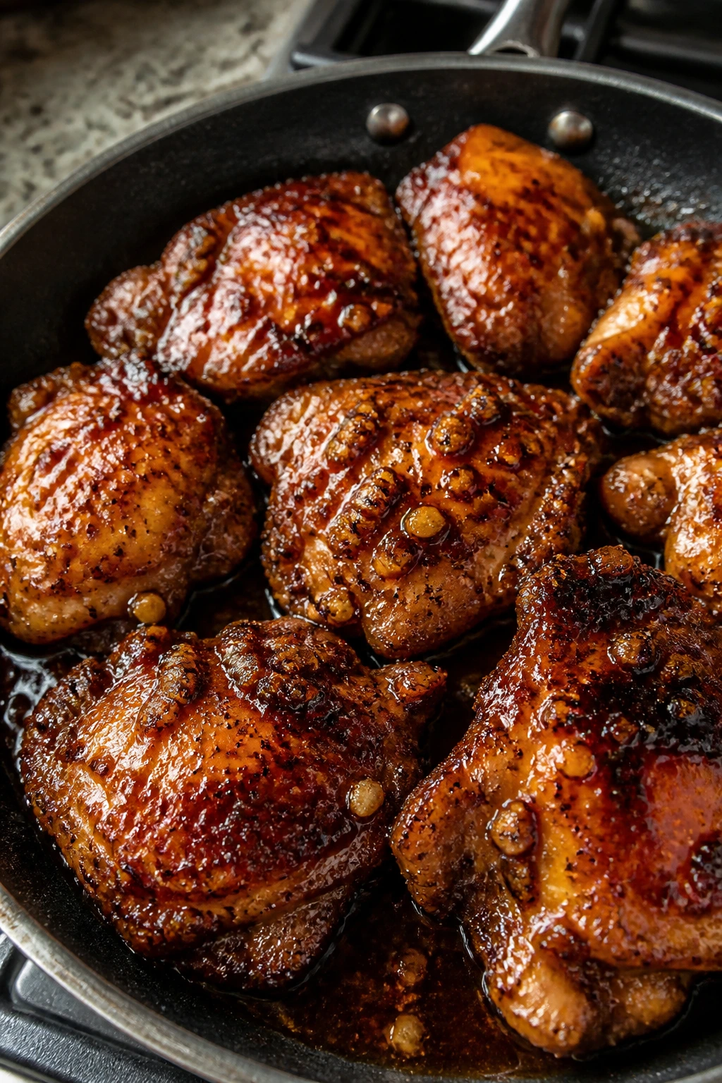 Close-up Honey Soy Garlic Chicken Thighs in skillet