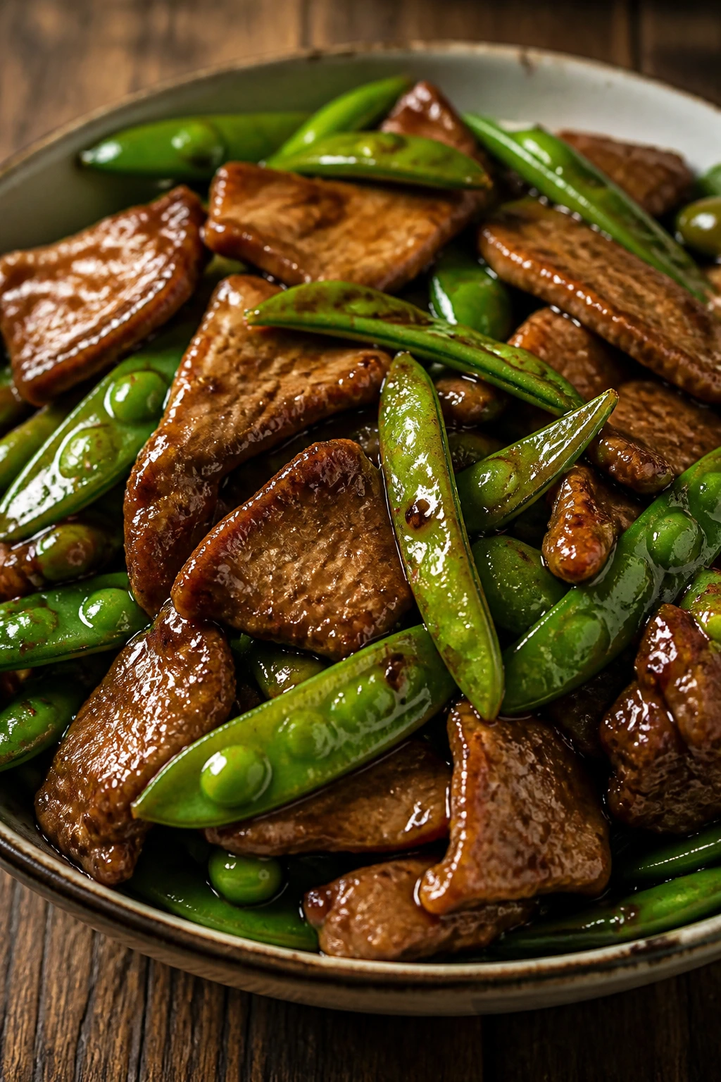 Close-up of pork and snap peas in glossy honey-soy sauce