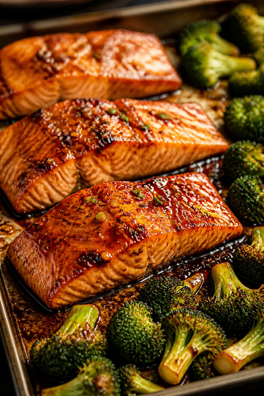 Close-up of glazed honey-soy salmon with broccoli on a sheet pan