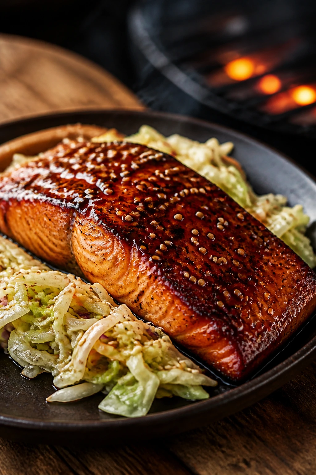 Close-up of glossy honey-soy glazed salmon atop sesame cabbage on a rustic table