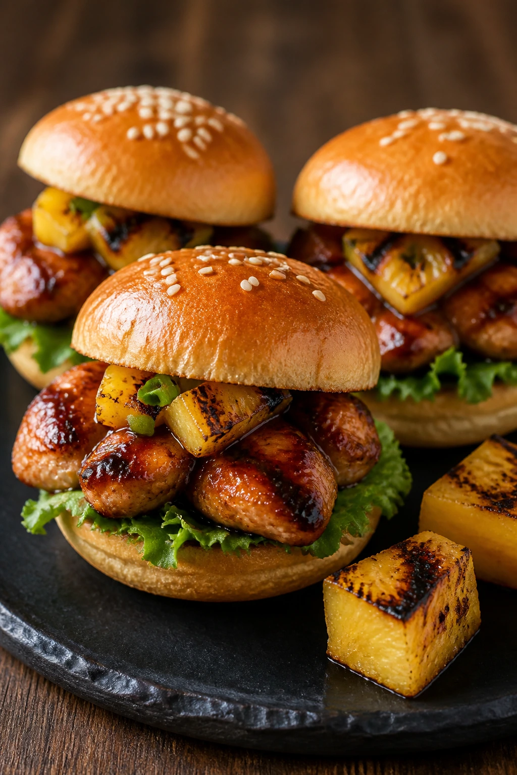 Close-up of Honey-Sriracha Teriyaki Sliders with charred pineapple garnish