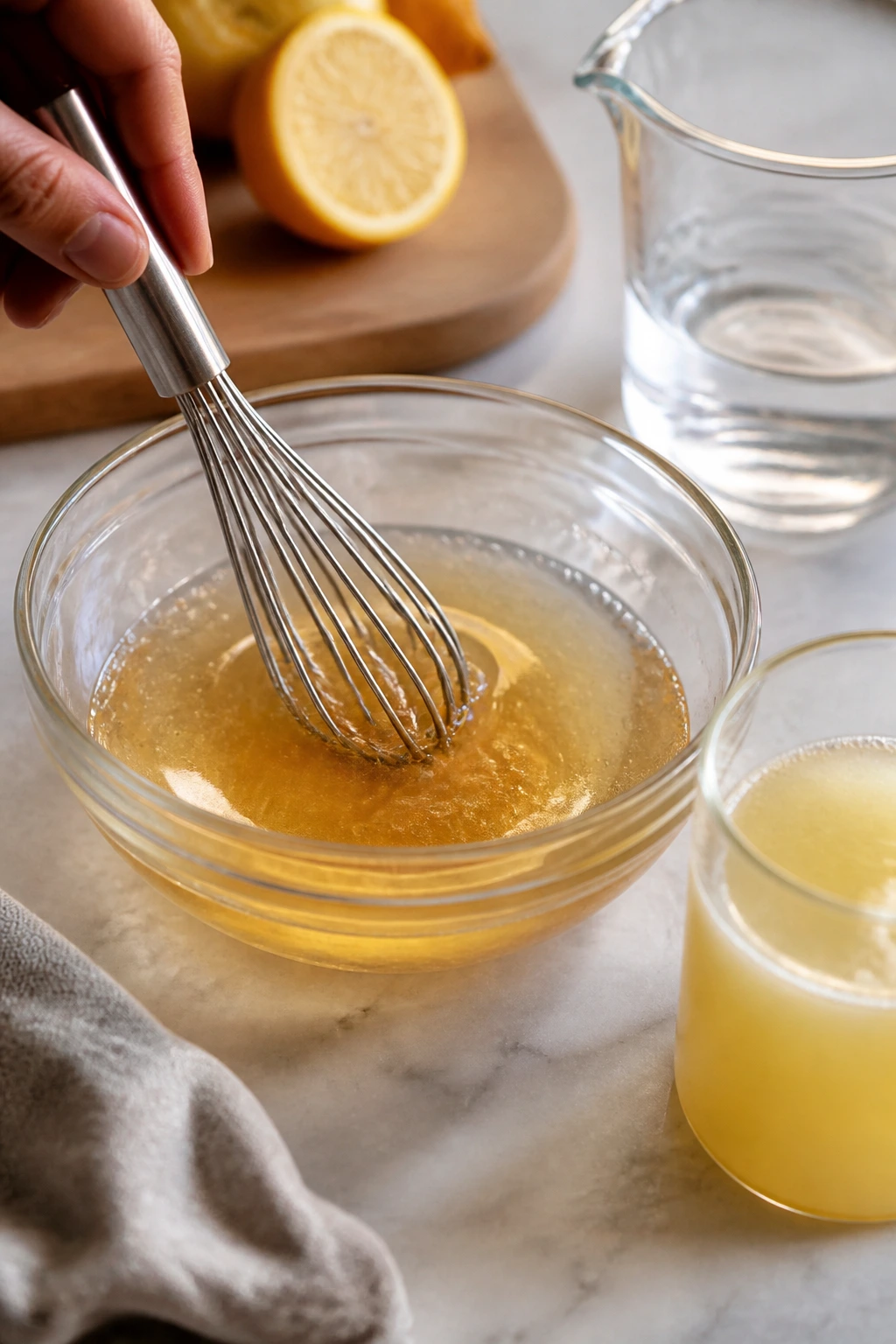 Honey syrup being whisked with lemon juice base