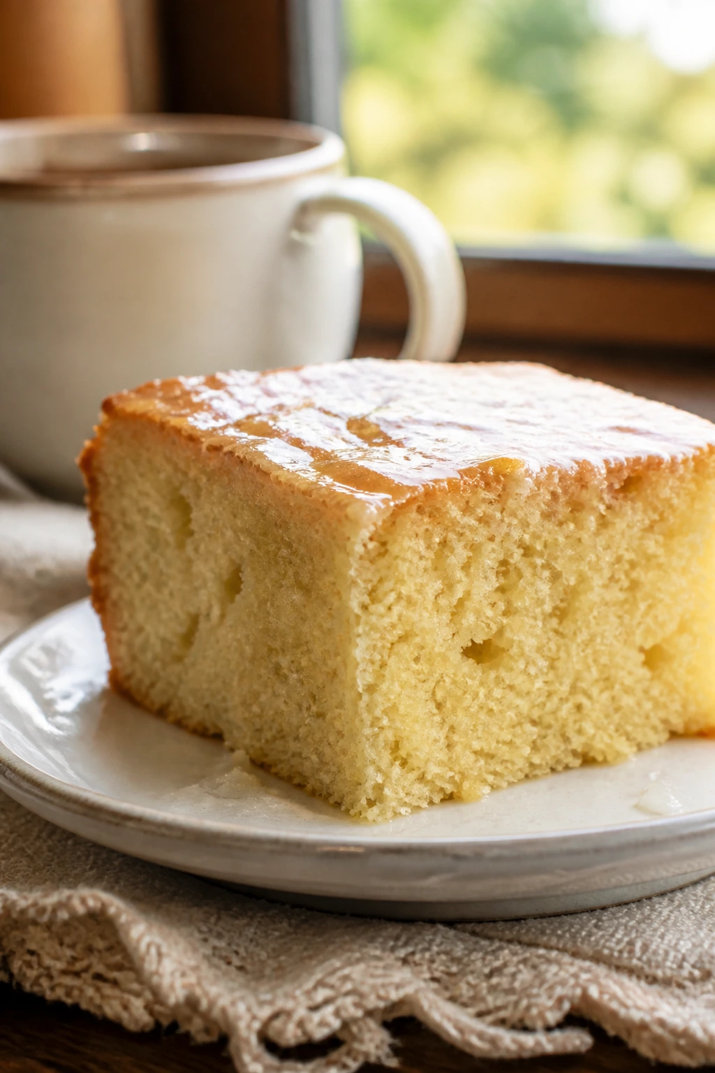 Close-up of pale honey tea cake slice on a plate with tea in background