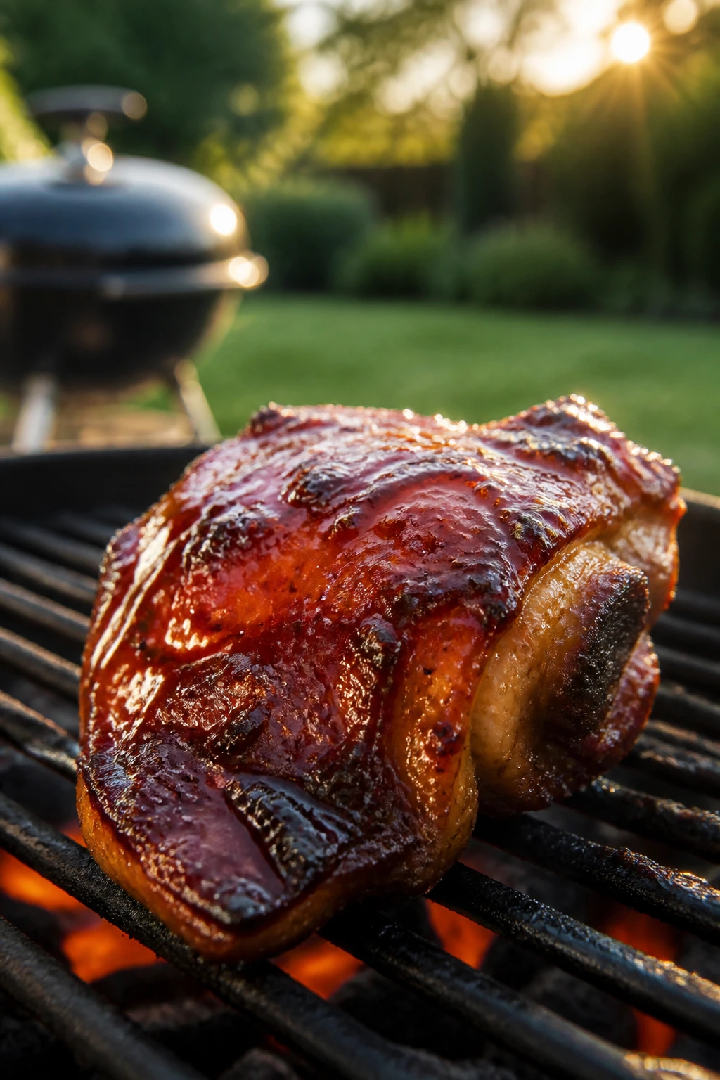 Balanced honey glaze on chicken thigh in backyard
