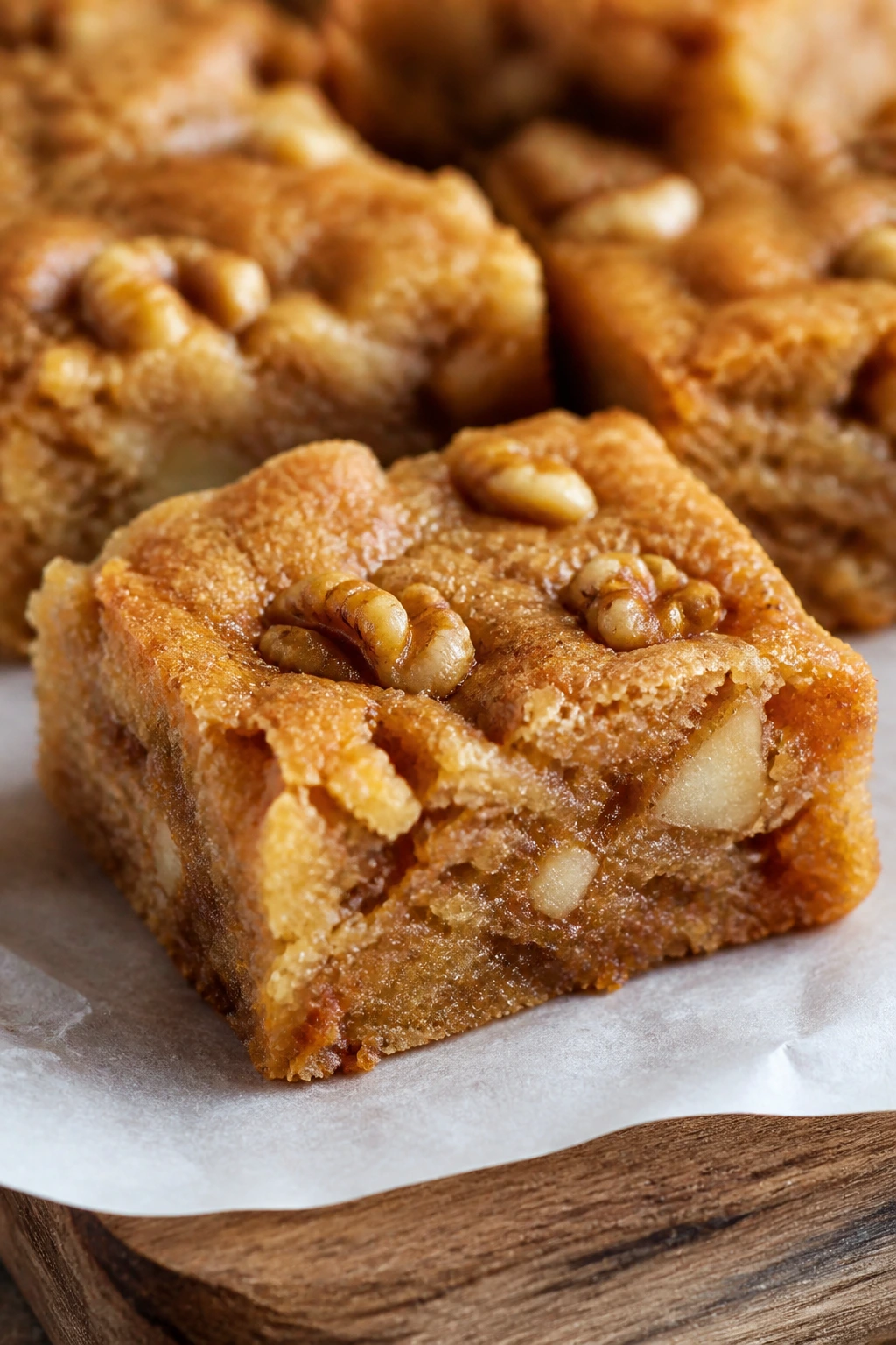 Close-up of honey walnut apple blondie with walnuts and apple bits