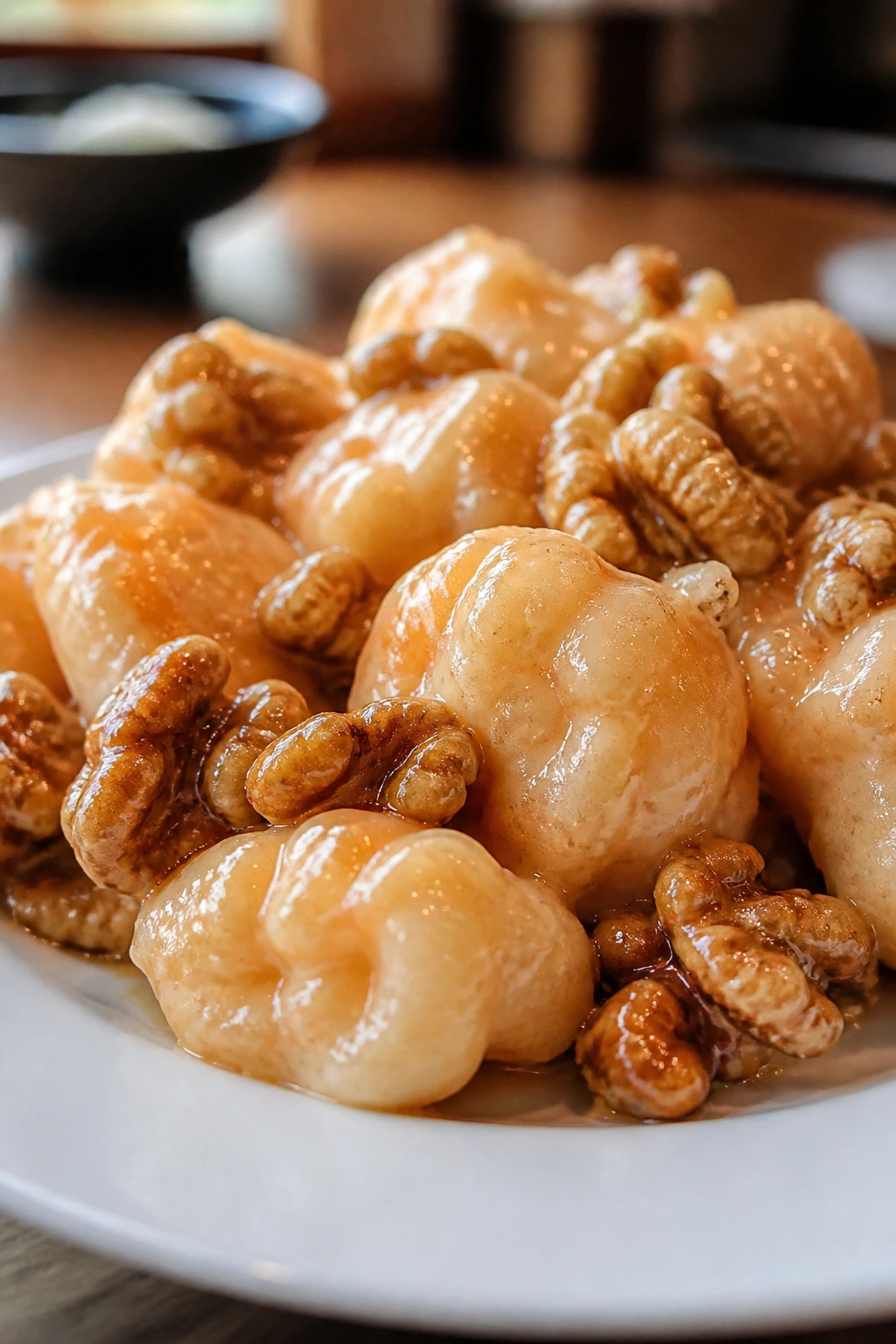 Close-up of honey walnut shrimp with walnuts on plate
