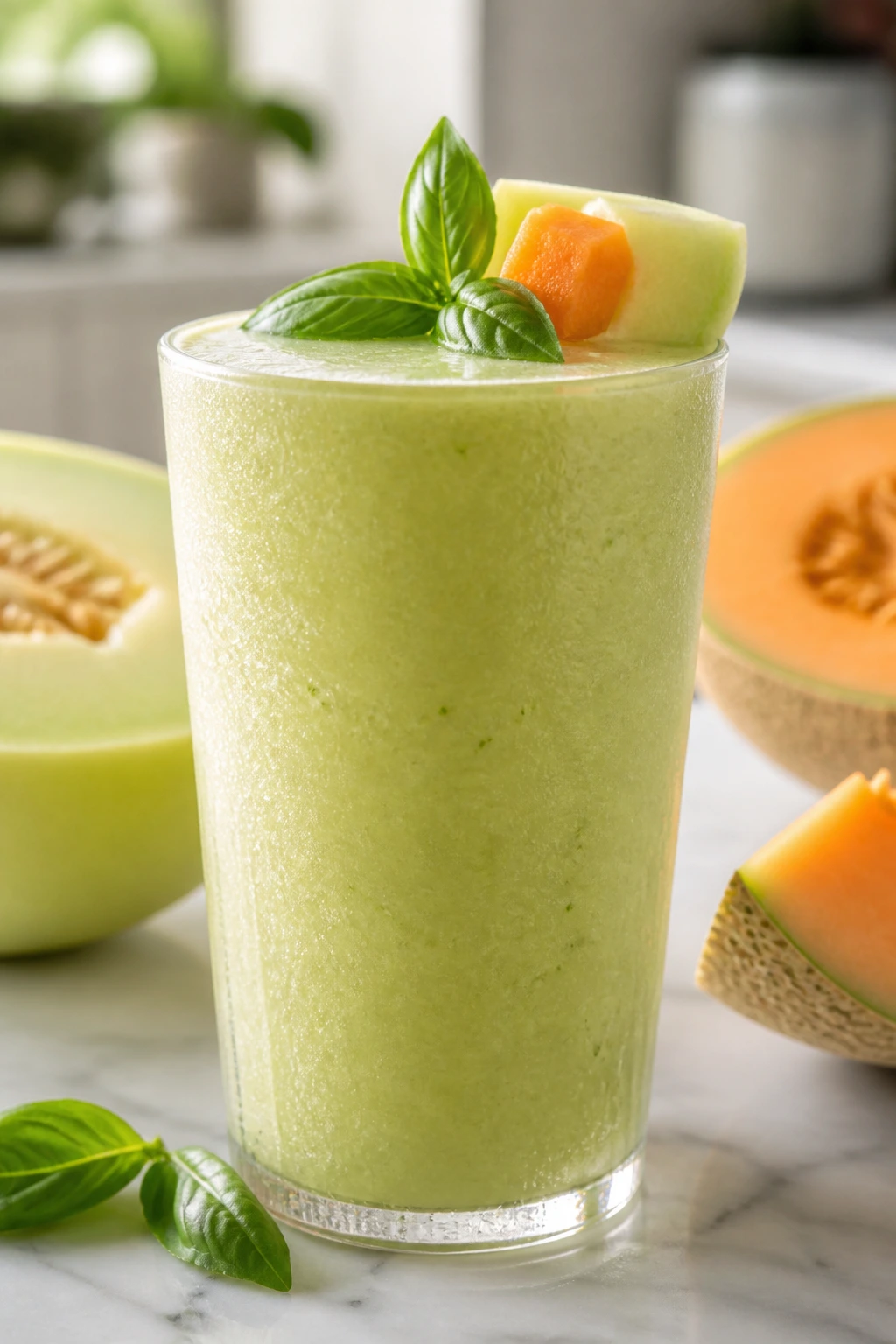 Close-up of honeydew cantaloupe basil smoothie in a glass